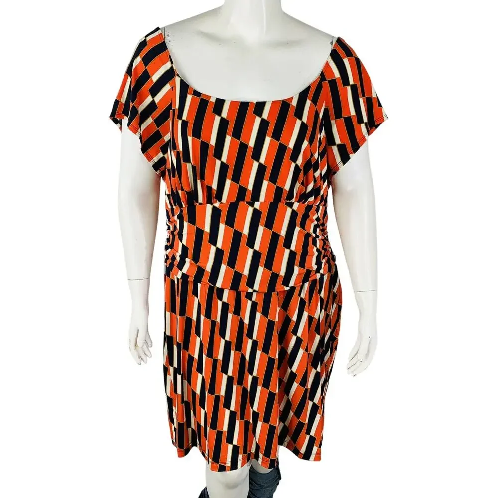 Bisou Bisou Womans Sz 24 Plus Dress Michele Bohbot Ruched Short Sleeve Geometric
